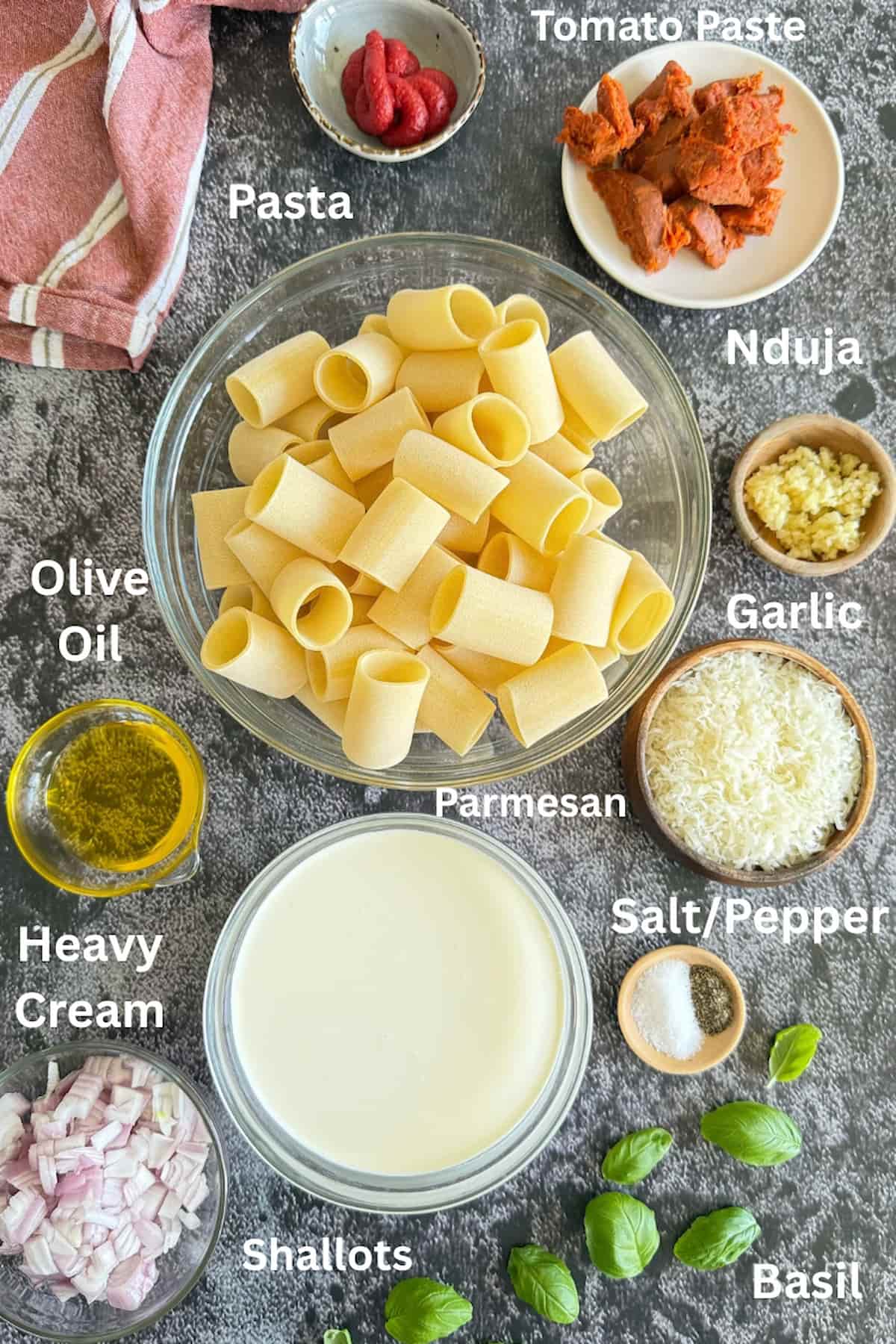 ingredients for nduja pasta laid out in separate bowls - pasta, tomato paste, nduja, garlic, shallots, heavy cream, olive oil, basil, parmesan, salt, and pepper.