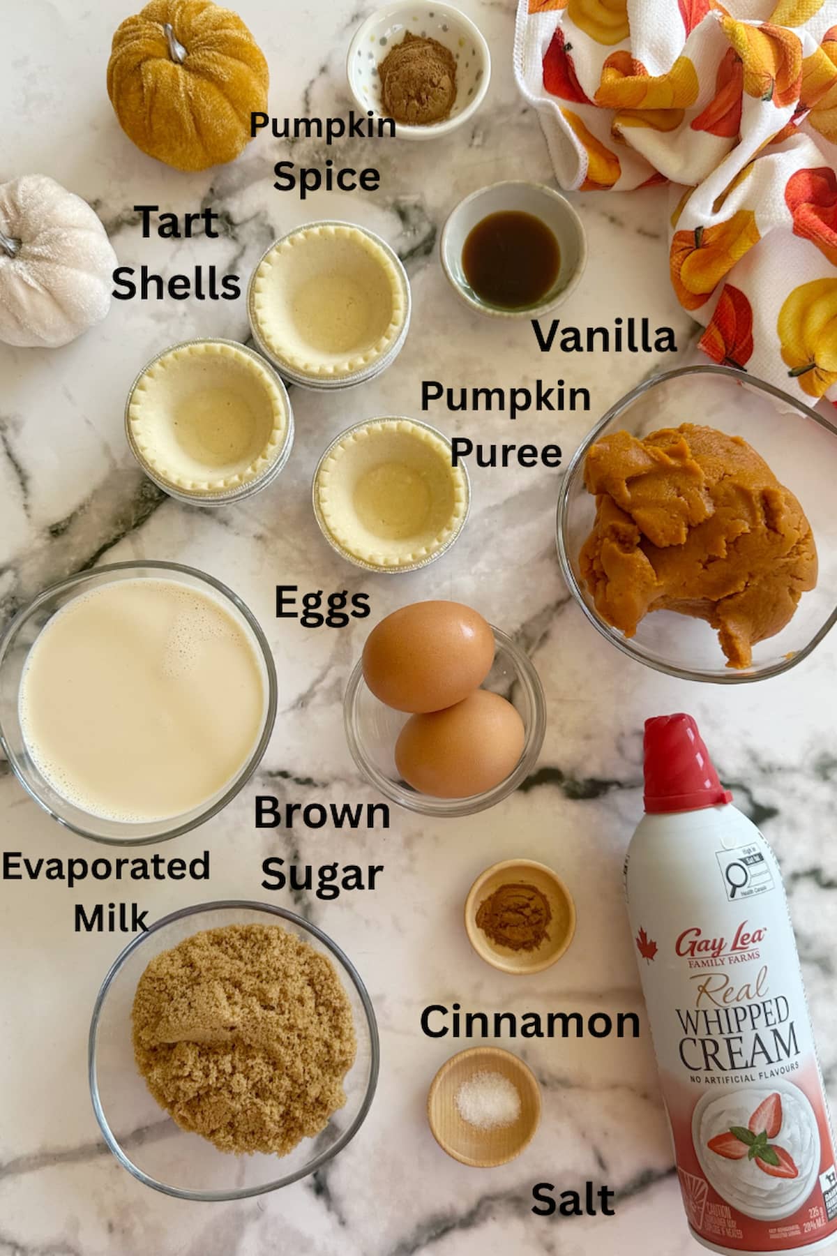 ingredients for pumpkin pie tarts laid out in separate bowls - tart shells, evaporated milk, cinnamon, pumpkin spice, vanilla, pumpkin puree, salt, brown sugar, eggs, and whipped cream.