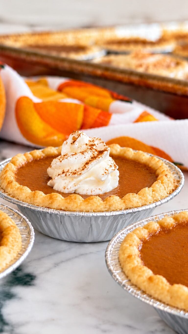 Mini pumpkin pie tarts with golden flaky crusts and creamy pumpkin filling, some topped with cinnamon-dusted whipped cream, on a baking sheet with fall pumpkins in the background.