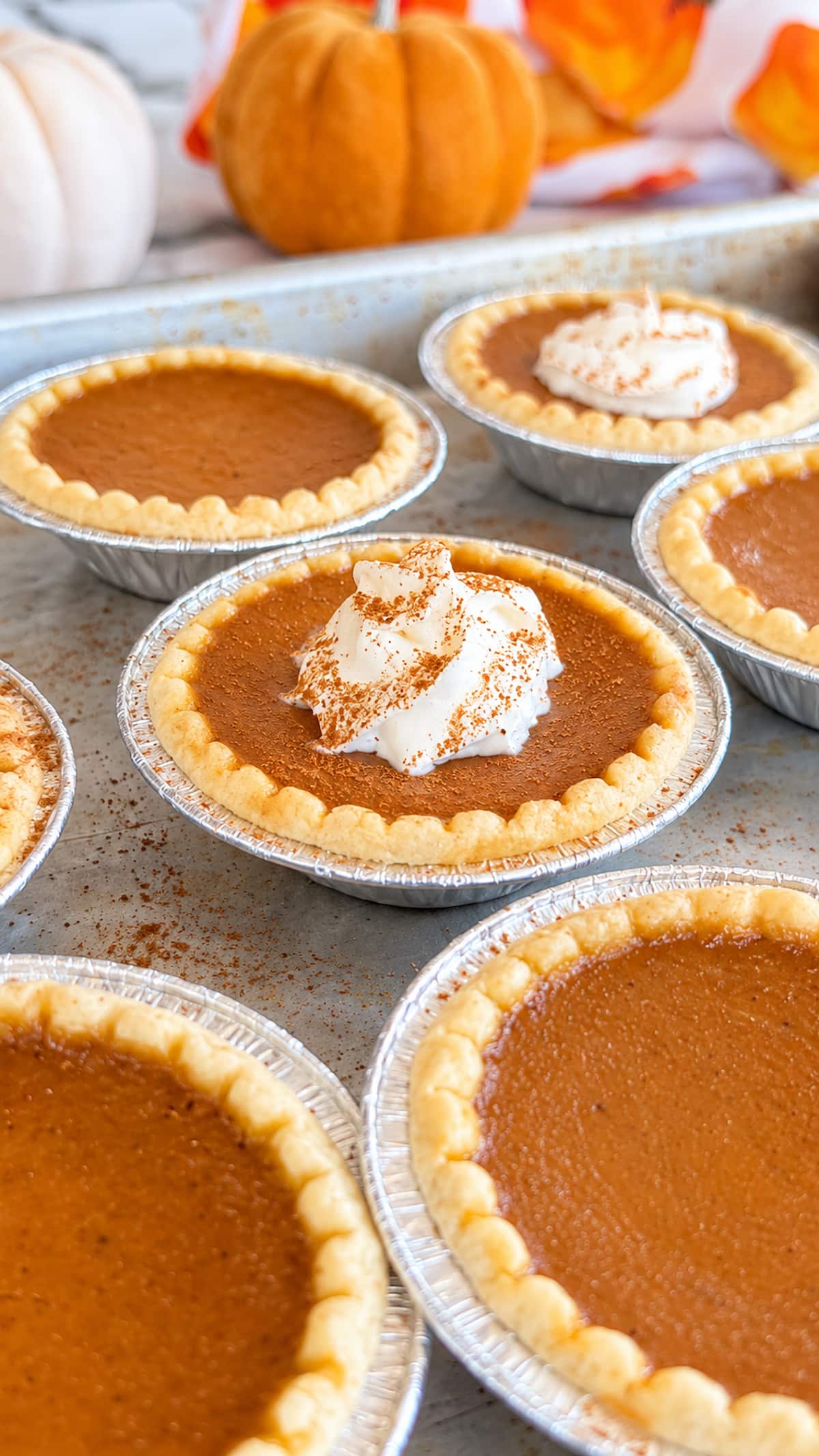 Mini pumpkin pie tarts with golden flaky crusts, creamy pumpkin filling, and cinnamon-dusted whipped cream.